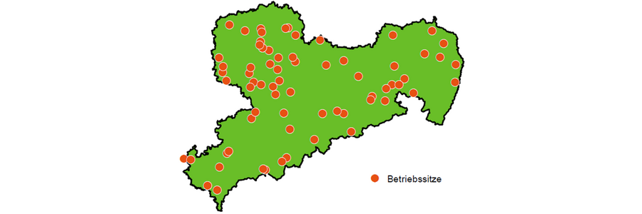 Karte von Sachsen mit Punkten für die Position der teilnehmenden Betriebe